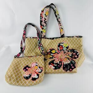 Vera Bradley Straw Beach Tote & Hand Bag in Tangerine Twist Pattern with Flower